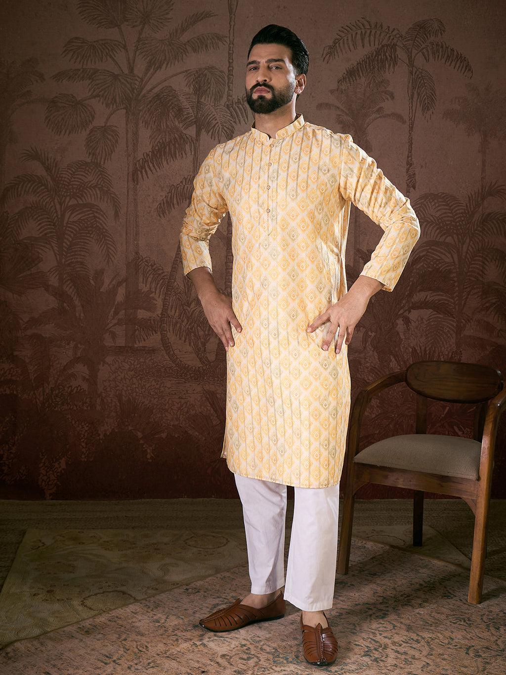 Men White Silk Blend Ethnic Motifs Printed Straight Kurta-MKU1914