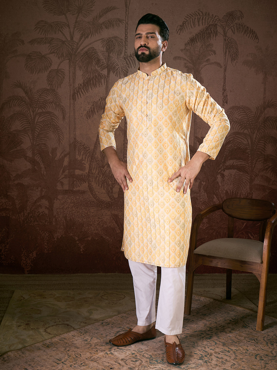 Men White Silk Blend Ethnic Motifs Printed Straight Kurta-MKU1914