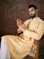 Men White Silk Blend Ethnic Motifs Printed Straight Kurta-MKU1914