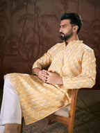 Men White Silk Blend Ethnic Motifs Printed Straight Kurta-MKU1914