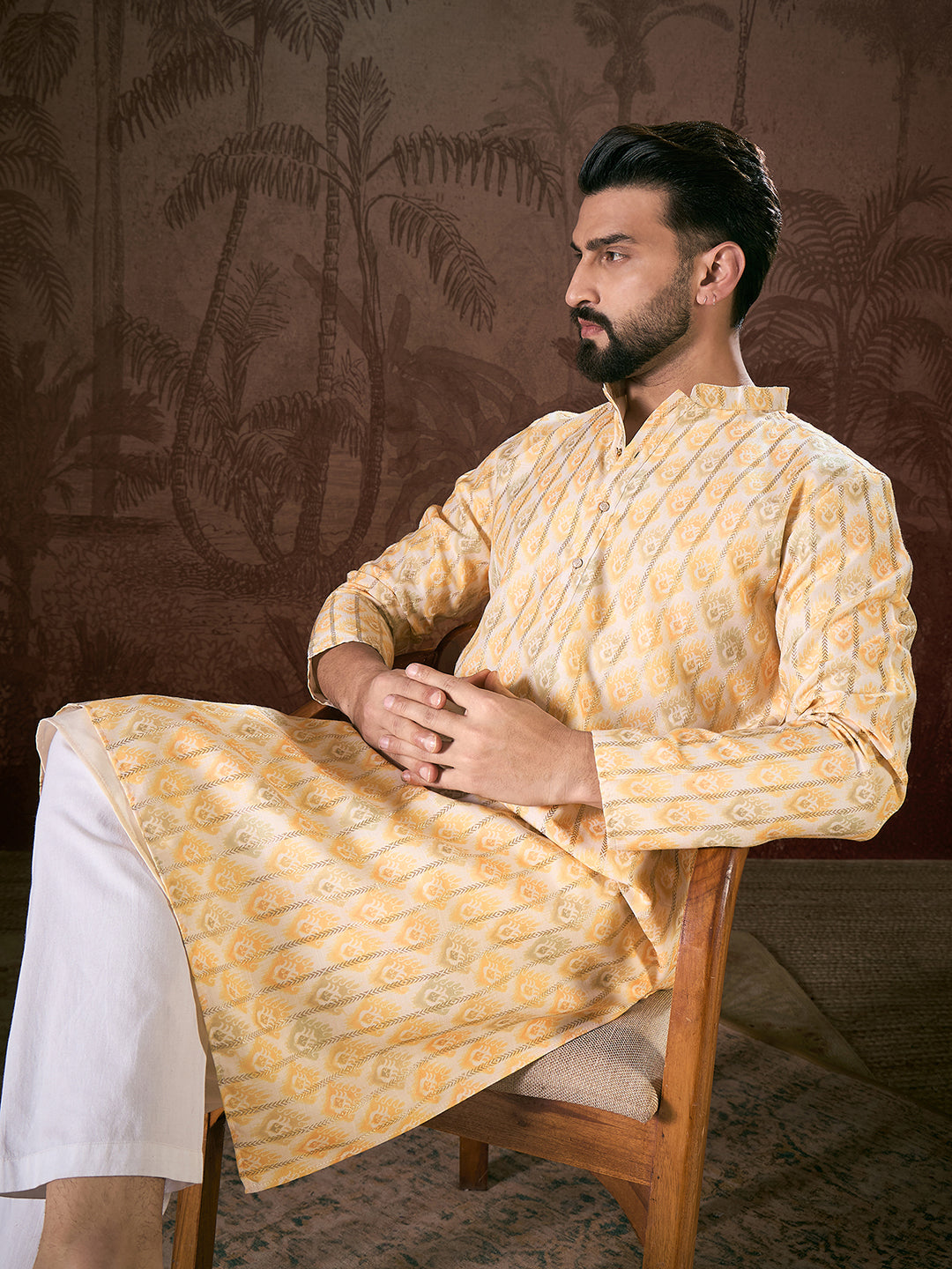 Men White Silk Blend Ethnic Motifs Printed Straight Kurta-MKU1914