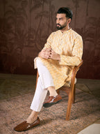 Men White Silk Blend Ethnic Motifs Printed Straight Kurta-MKU1914