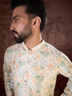 Men Off White Silk Blend Floral Printed Straight Kurta-MKU1915