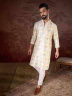 Men Off White Silk Blend Floral Printed Straight Kurta-MKU1915