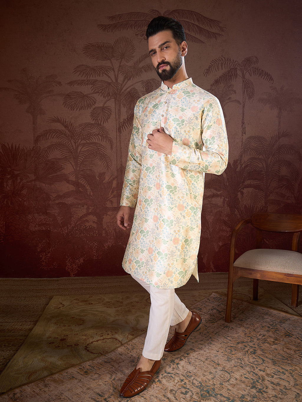 Men Off White Silk Blend Floral Printed Straight Kurta-MKU1915