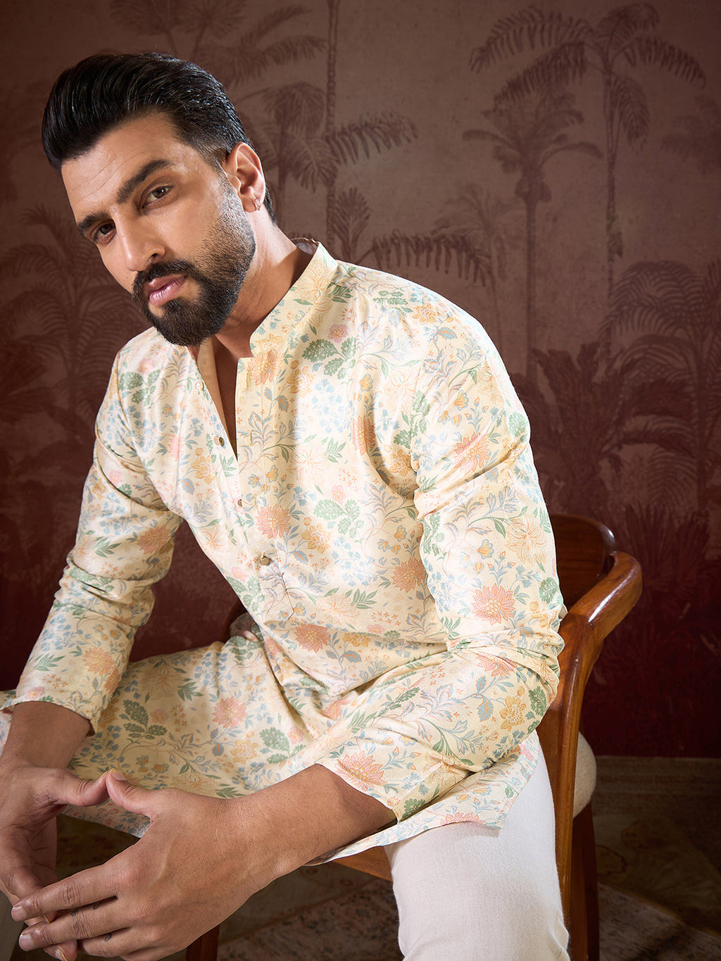 Men Off White Silk Blend Floral Printed Straight Kurta-MKU1915