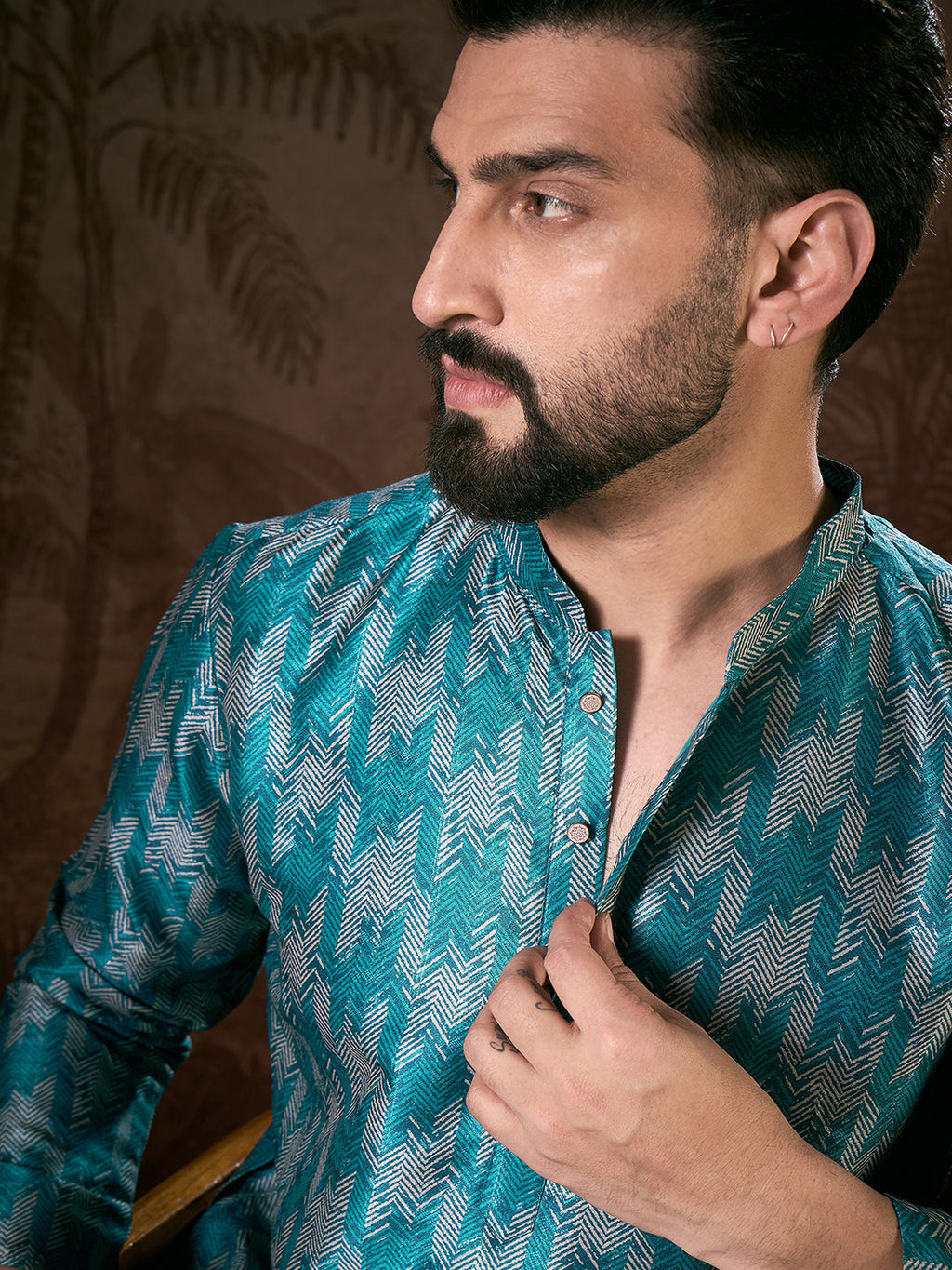 Men Turquoise Blue Silk Blend Chevron Printed Straight Kurta-MKU1916