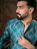Men Turquoise Blue Silk Blend Chevron Printed Straight Kurta-MKU1916