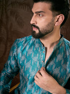 Men Turquoise Blue Silk Blend Chevron Printed Straight Kurta-MKU1916