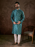 Men Turquoise Blue Silk Blend Chevron Printed Straight Kurta-MKU1916