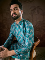 Men Turquoise Blue Silk Blend Chevron Printed Straight Kurta-MKU1916