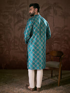 Men Turquoise Blue Silk Blend Chevron Printed Straight Kurta-MKU1916