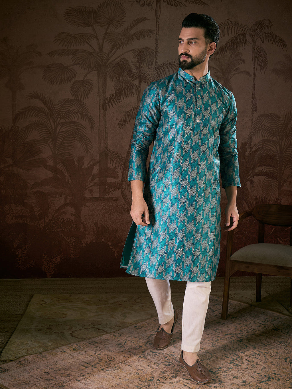 Men Turquoise Blue Silk Blend Chevron Printed Straight Kurta-MKU1916