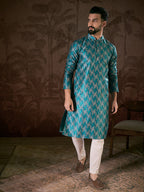 Men Turquoise Blue Silk Blend Chevron Printed Straight Kurta-MKU1916