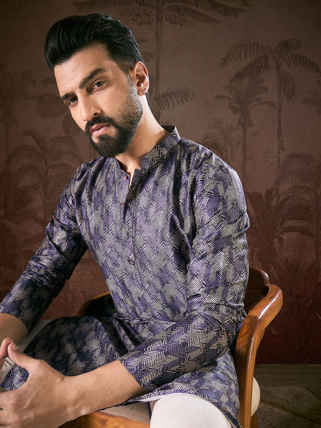 Men Violet Silk Blend Chevron Printed Straight Kurta-MKU1917