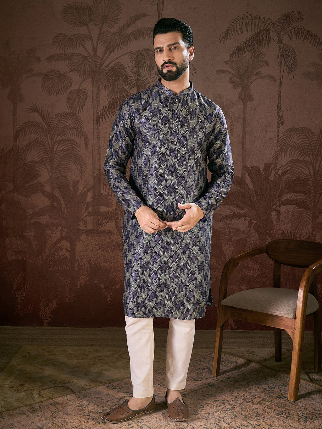 Men Violet Silk Blend Chevron Printed Straight Kurta-MKU1917