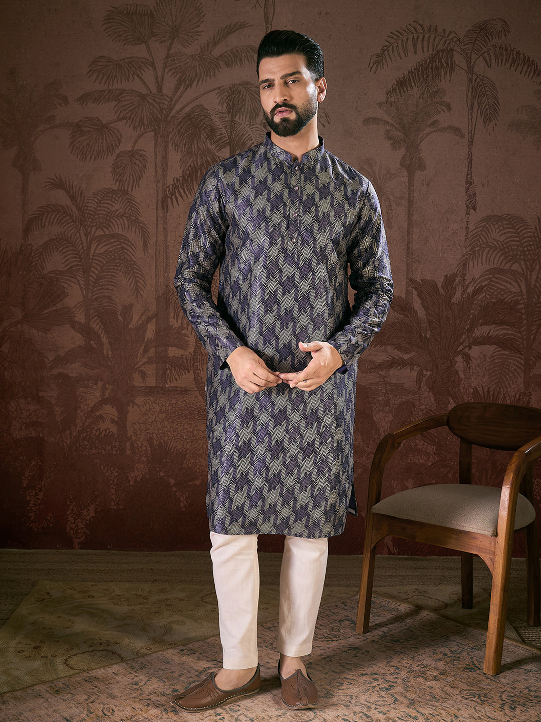 Men Violet Silk Blend Chevron Printed Straight Kurta-MKU1917