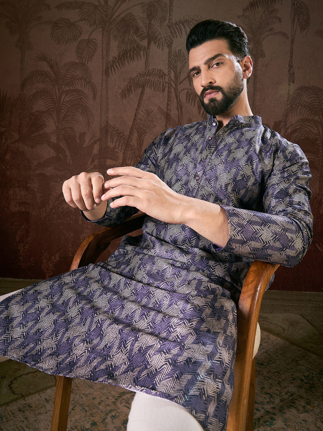 Men Violet Silk Blend Chevron Printed Straight Kurta-MKU1917