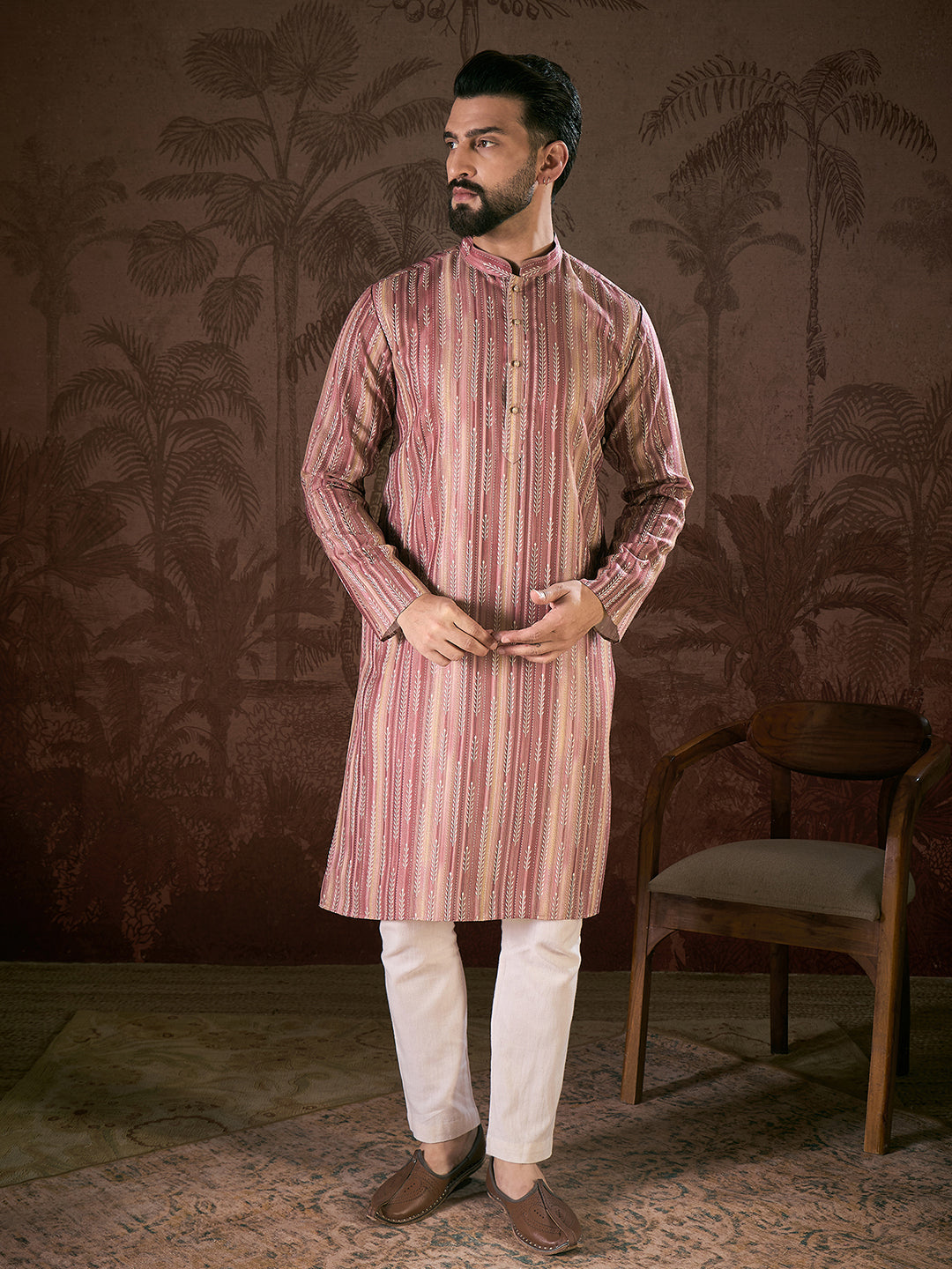 Men Mauve Silk Blend Floral Printed Straight Kurta-MKU1919