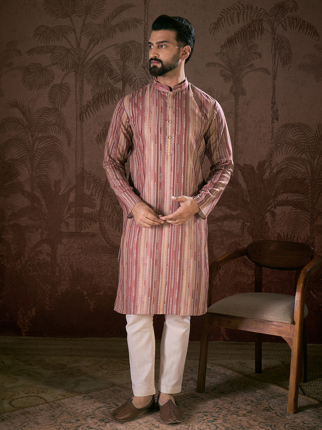 Men Mauve Silk Blend Floral Printed Straight Kurta-MKU1919