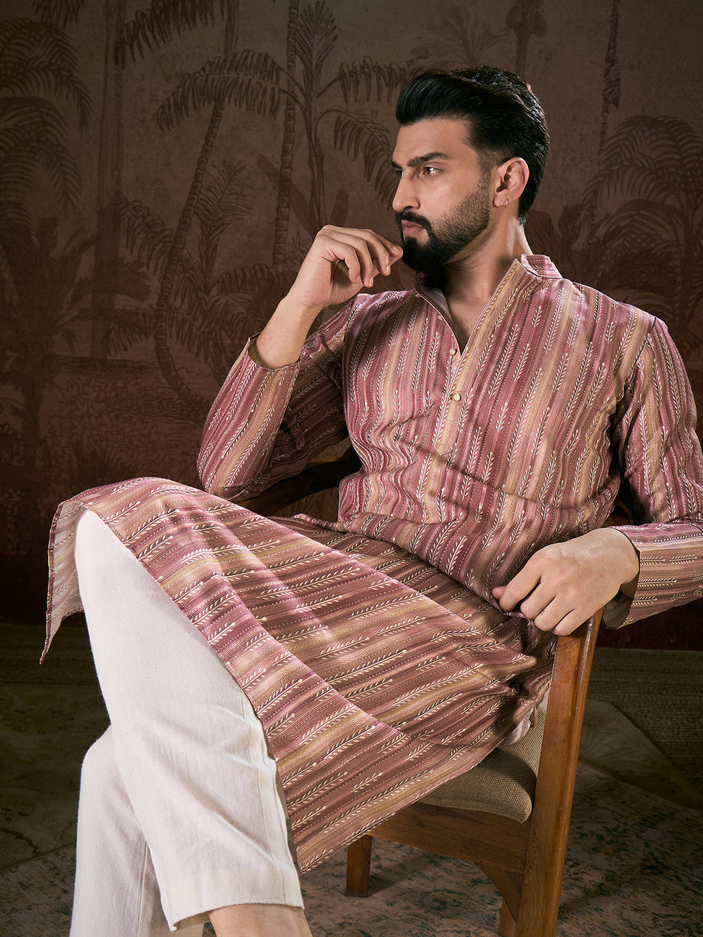 Men Mauve Silk Blend Floral Printed Straight Kurta-MKU1919