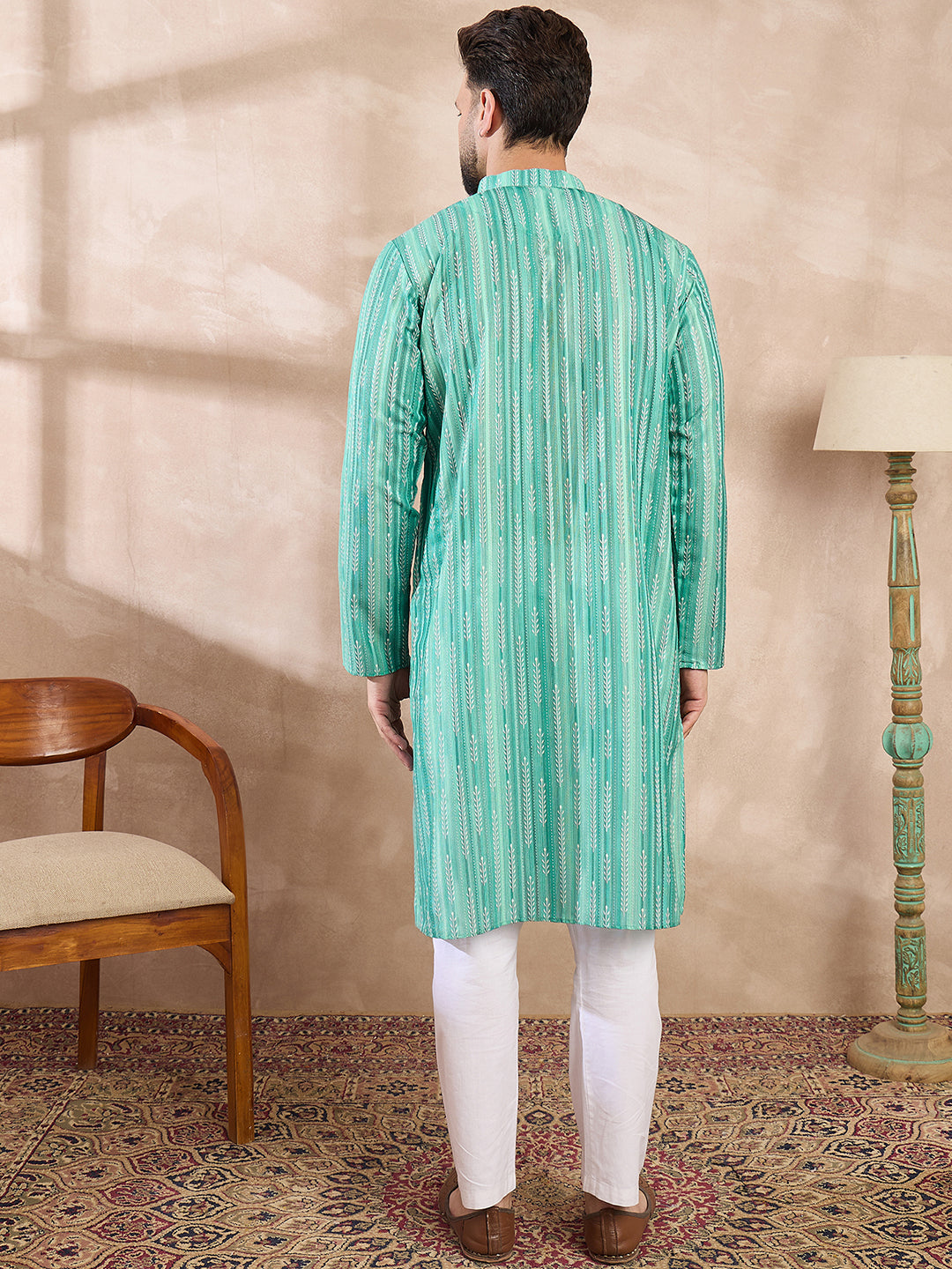 Men Green Silk Blend Floral Printed Straight Kurta-MKU1920