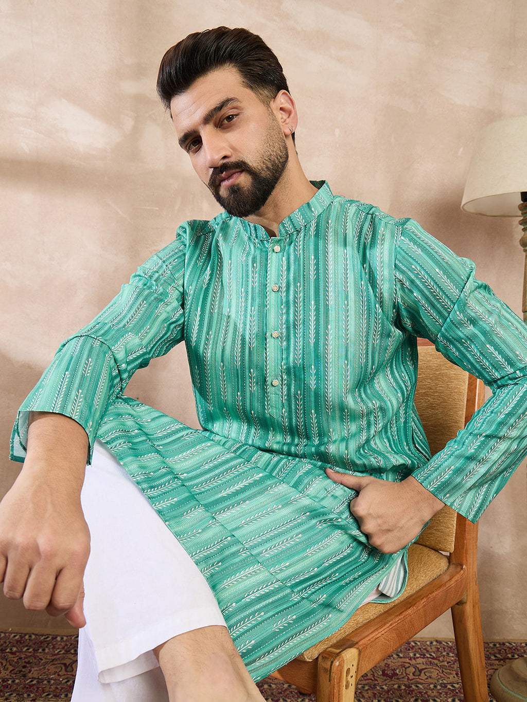 Men Green Silk Blend Floral Printed Straight Kurta-MKU1920