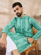 Men Green Silk Blend Floral Printed Straight Kurta-MKU1920