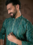 Men Turquoise Blue Silk Blend Floral Printed Straight Kurta-MKU1921