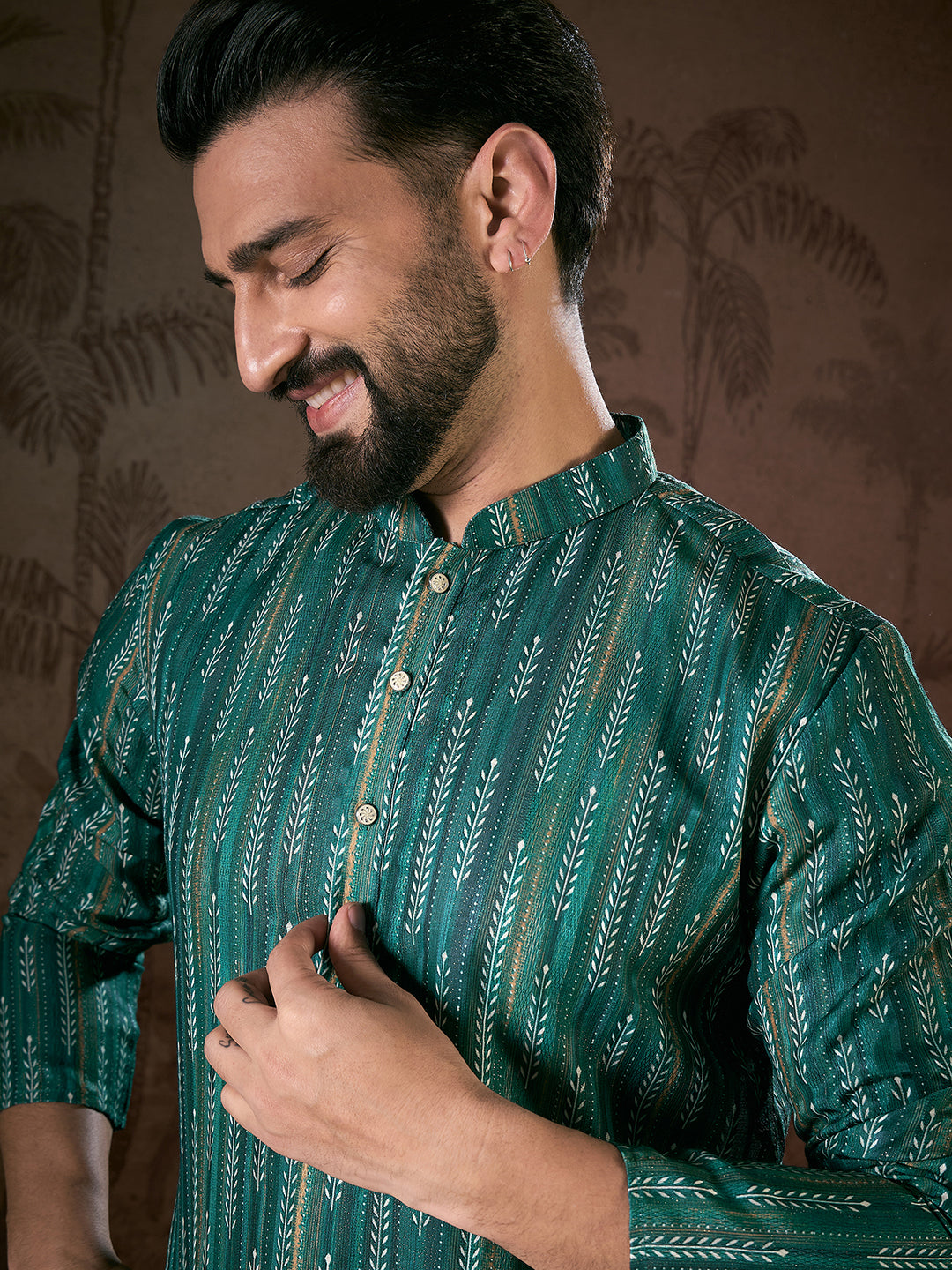 Men Turquoise Blue Silk Blend Floral Printed Straight Kurta-MKU1921