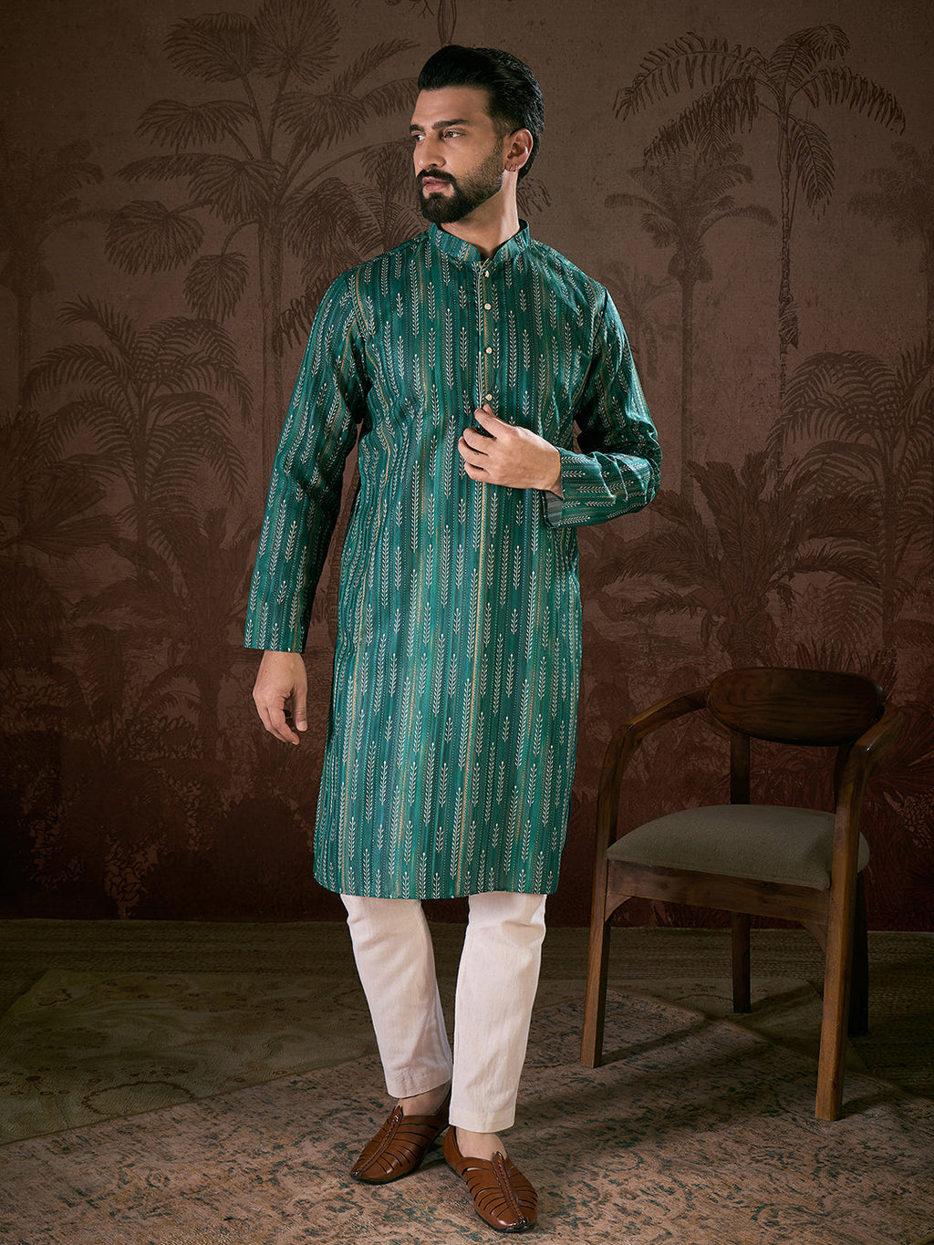 Men Turquoise Blue Silk Blend Floral Printed Straight Kurta-MKU1921