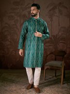 Men Turquoise Blue Silk Blend Floral Printed Straight Kurta-MKU1921