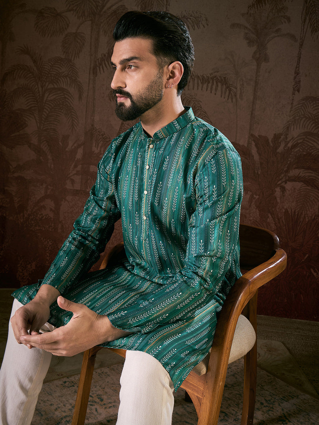 Men Turquoise Blue Silk Blend Floral Printed Straight Kurta-MKU1921