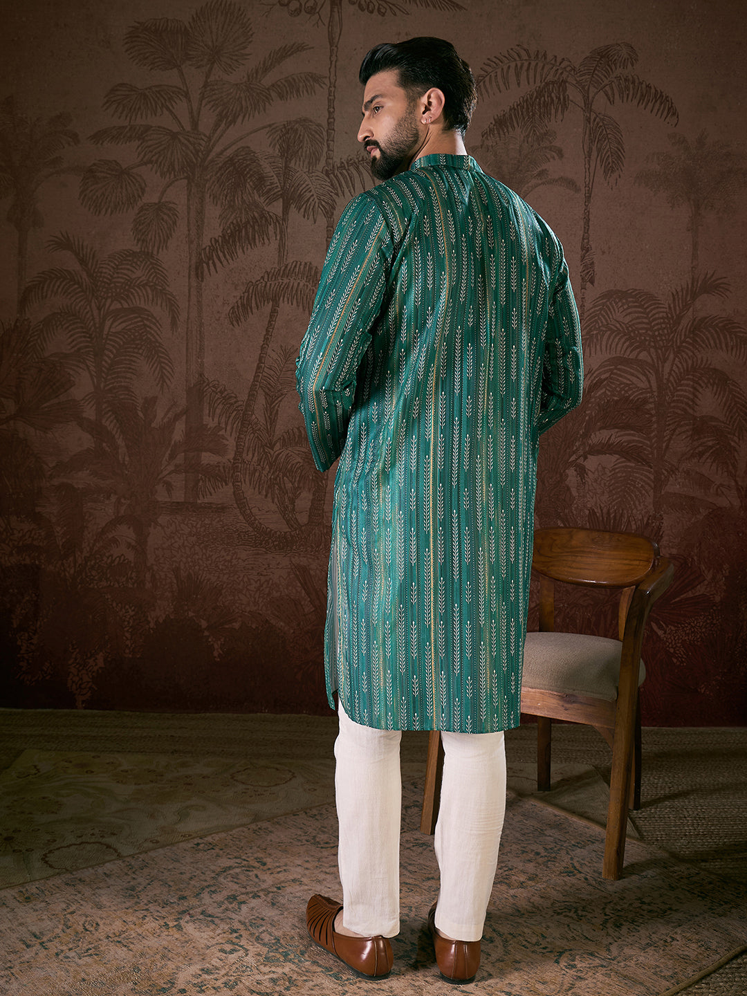 Men Turquoise Blue Silk Blend Floral Printed Straight Kurta-MKU1921