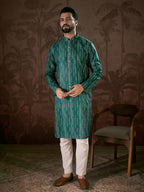 Men Turquoise Blue Silk Blend Floral Printed Straight Kurta-MKU1921