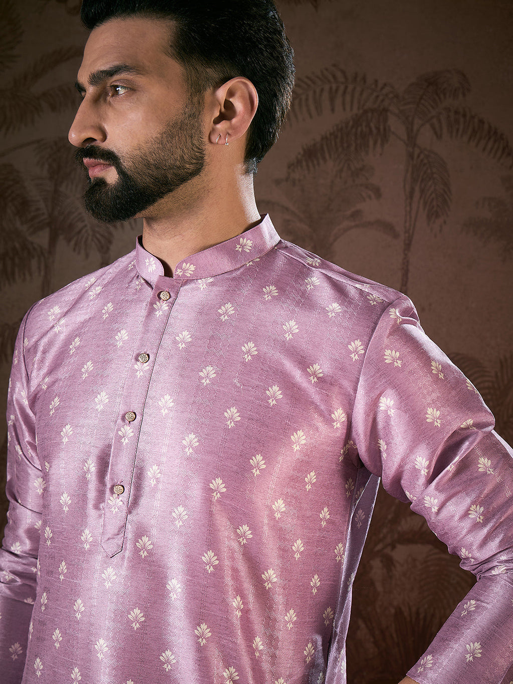 Men Lavender Silk Blend Floral Printed Straight Kurta-MKU1922