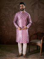 Men Lavender Silk Blend Floral Printed Straight Kurta-MKU1922