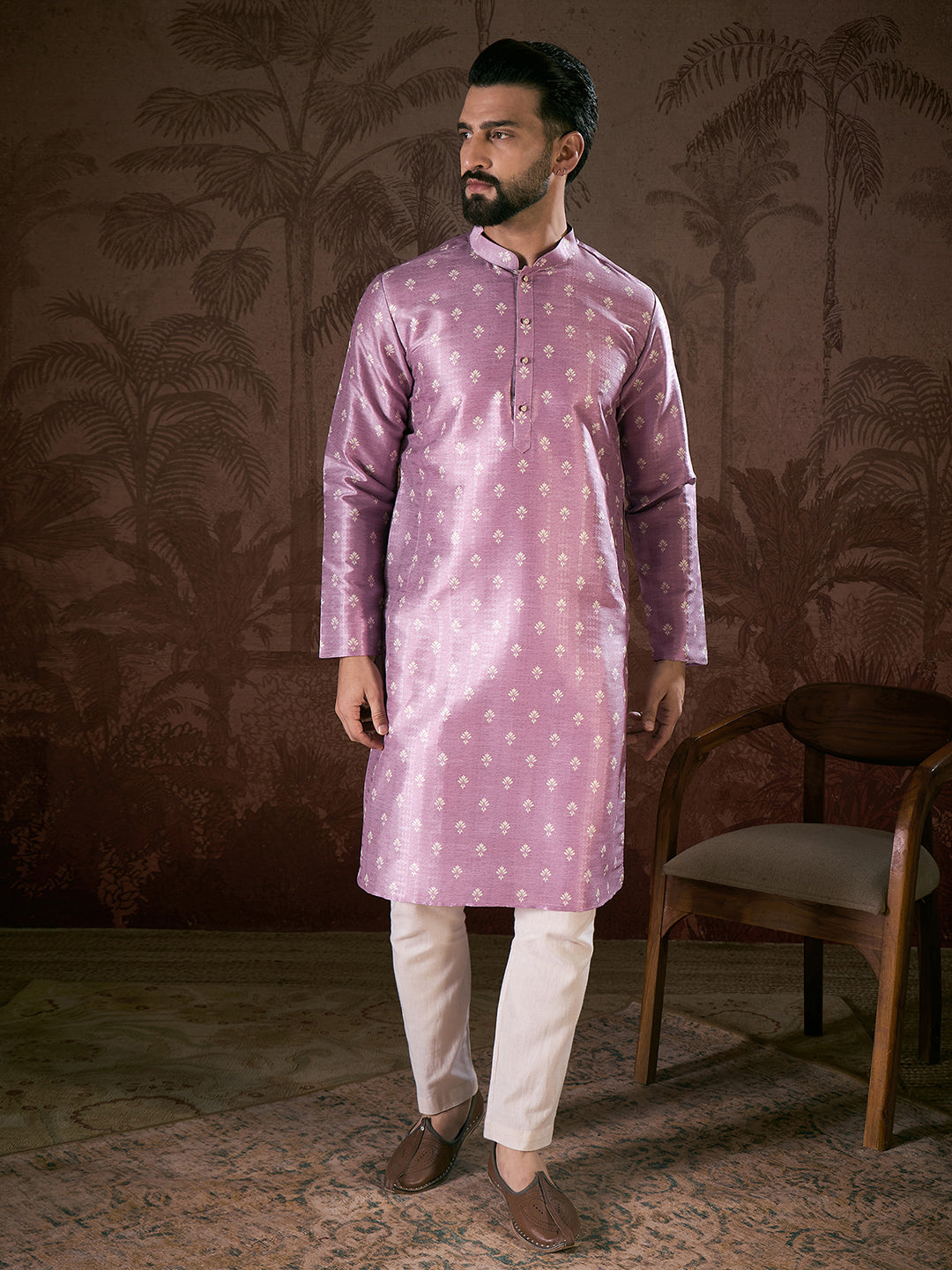 Men Lavender Silk Blend Floral Printed Straight Kurta-MKU1922