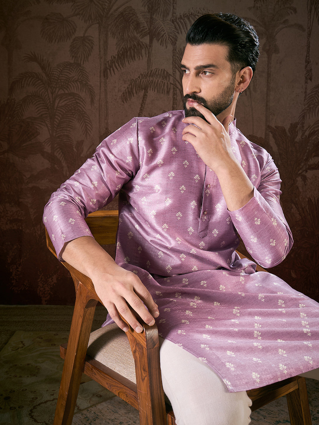 Men Lavender Silk Blend Floral Printed Straight Kurta-MKU1922