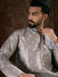Men Grey Silk Blend Floral Printed Straight Kurta-MKU1923