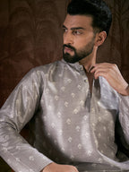 Men Grey Silk Blend Floral Printed Straight Kurta-MKU1923