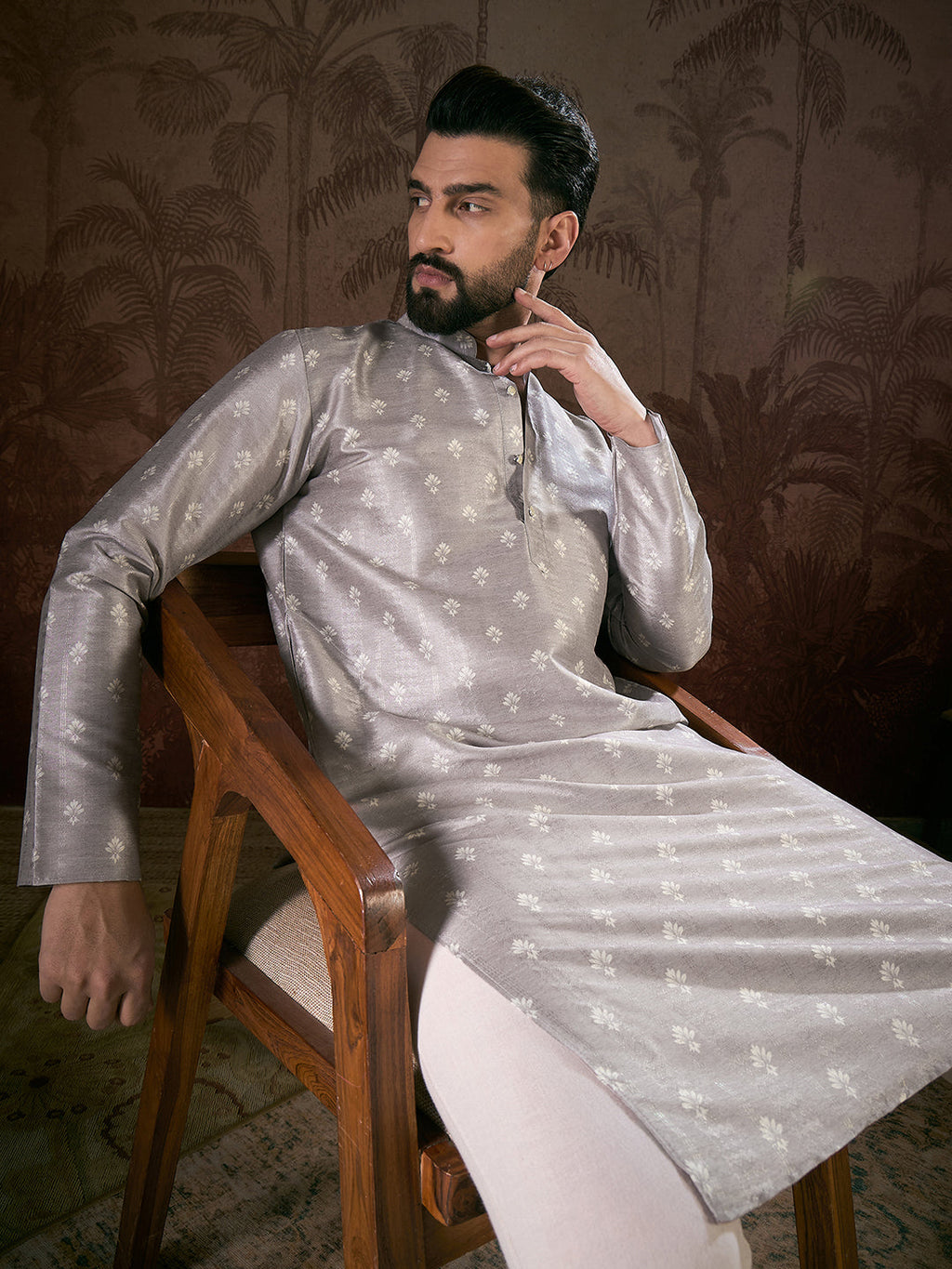 Men Grey Silk Blend Floral Printed Straight Kurta-MKU1923