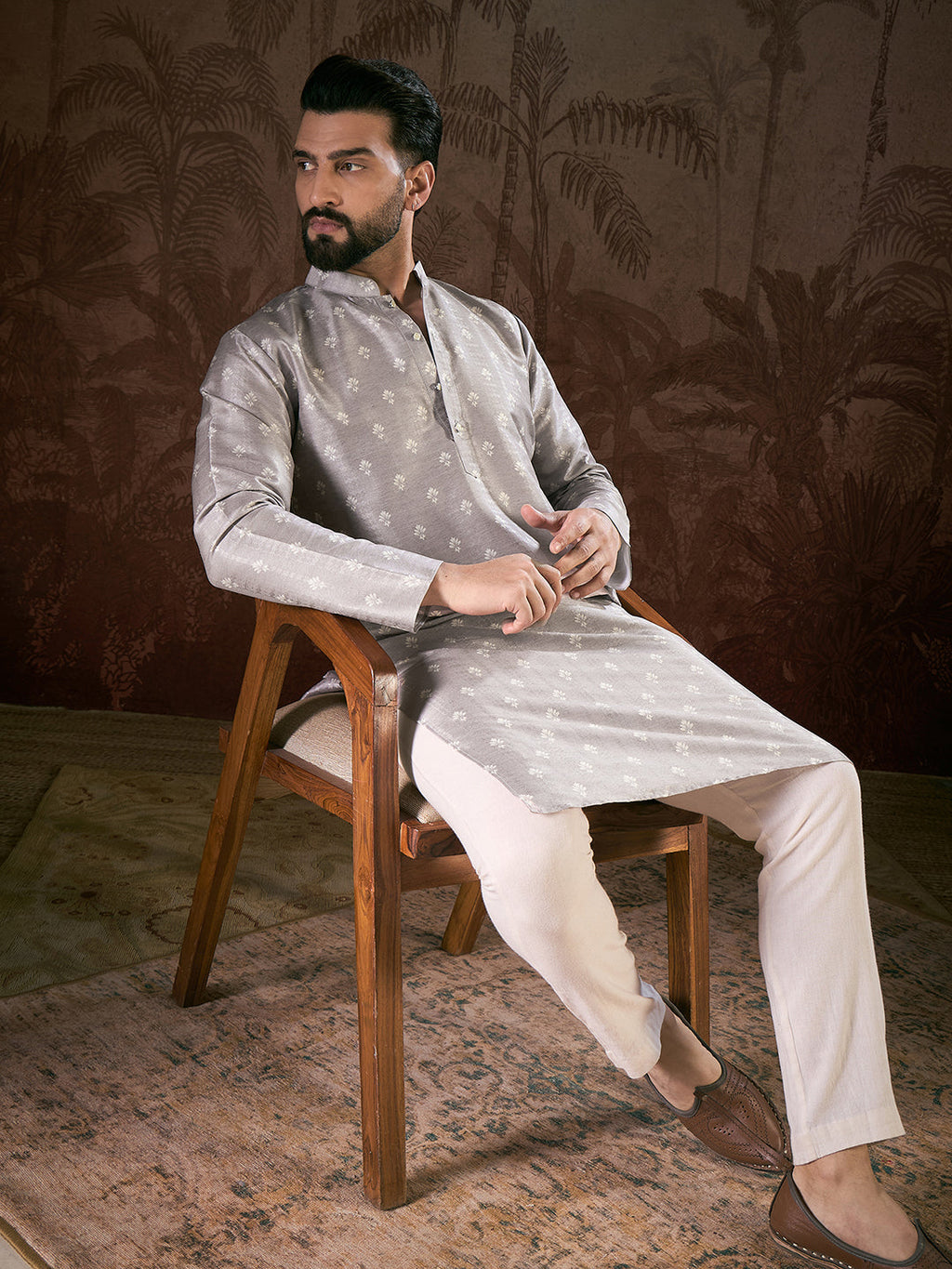 Men Grey Silk Blend Floral Printed Straight Kurta-MKU1923
