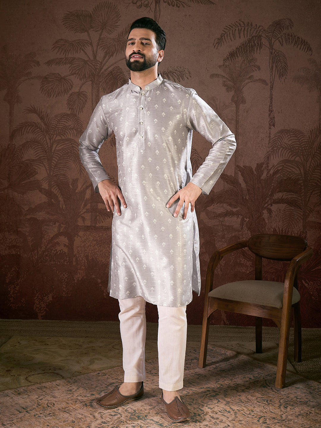 Men Grey Silk Blend Floral Printed Straight Kurta-MKU1923