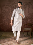Men Grey Silk Blend Floral Printed Straight Kurta-MKU1923