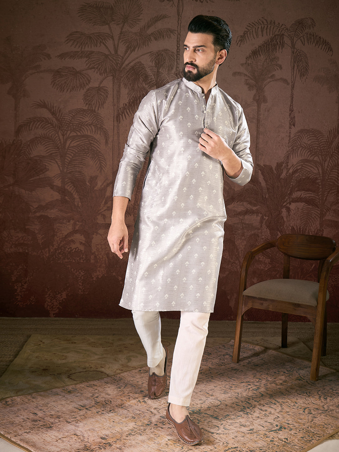Men Grey Silk Blend Floral Printed Straight Kurta-MKU1923