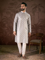 Men Grey Silk Blend Floral Printed Straight Kurta-MKU1923
