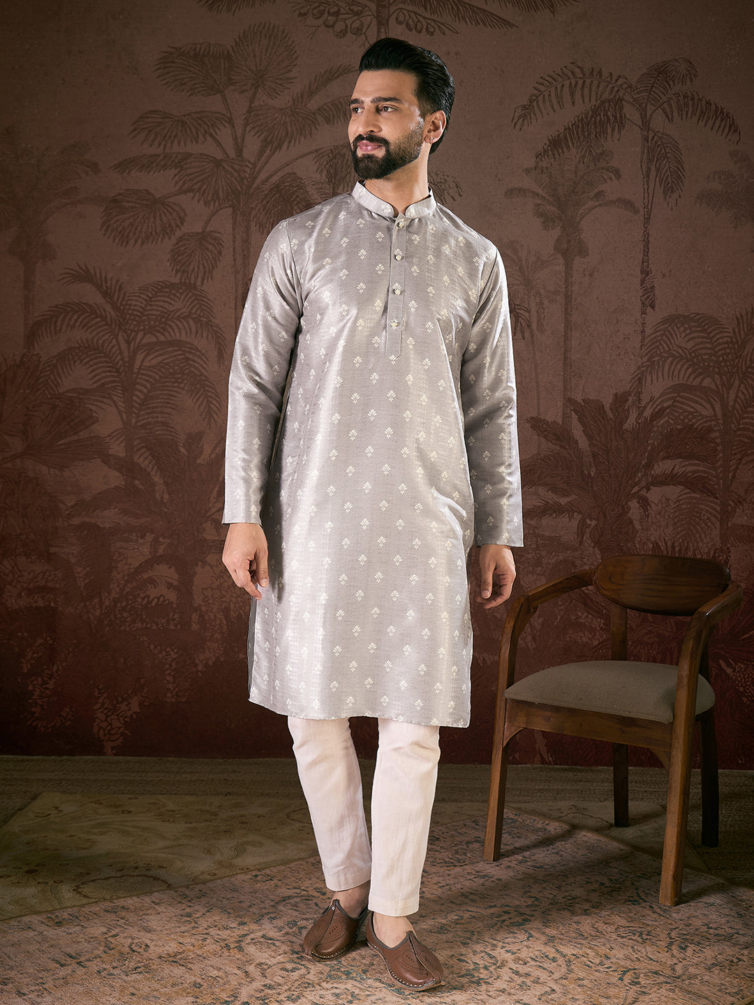 Men Grey Silk Blend Floral Printed Straight Kurta-MKU1923