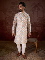 Men White Silk Blend Ethnic Motifs Printed Straight Kurta-MKU1924