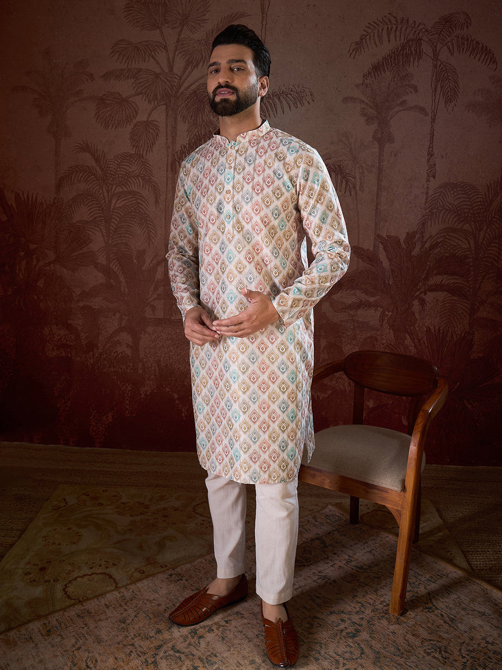 Men White Silk Blend Ethnic Motifs Printed Straight Kurta-MKU1924
